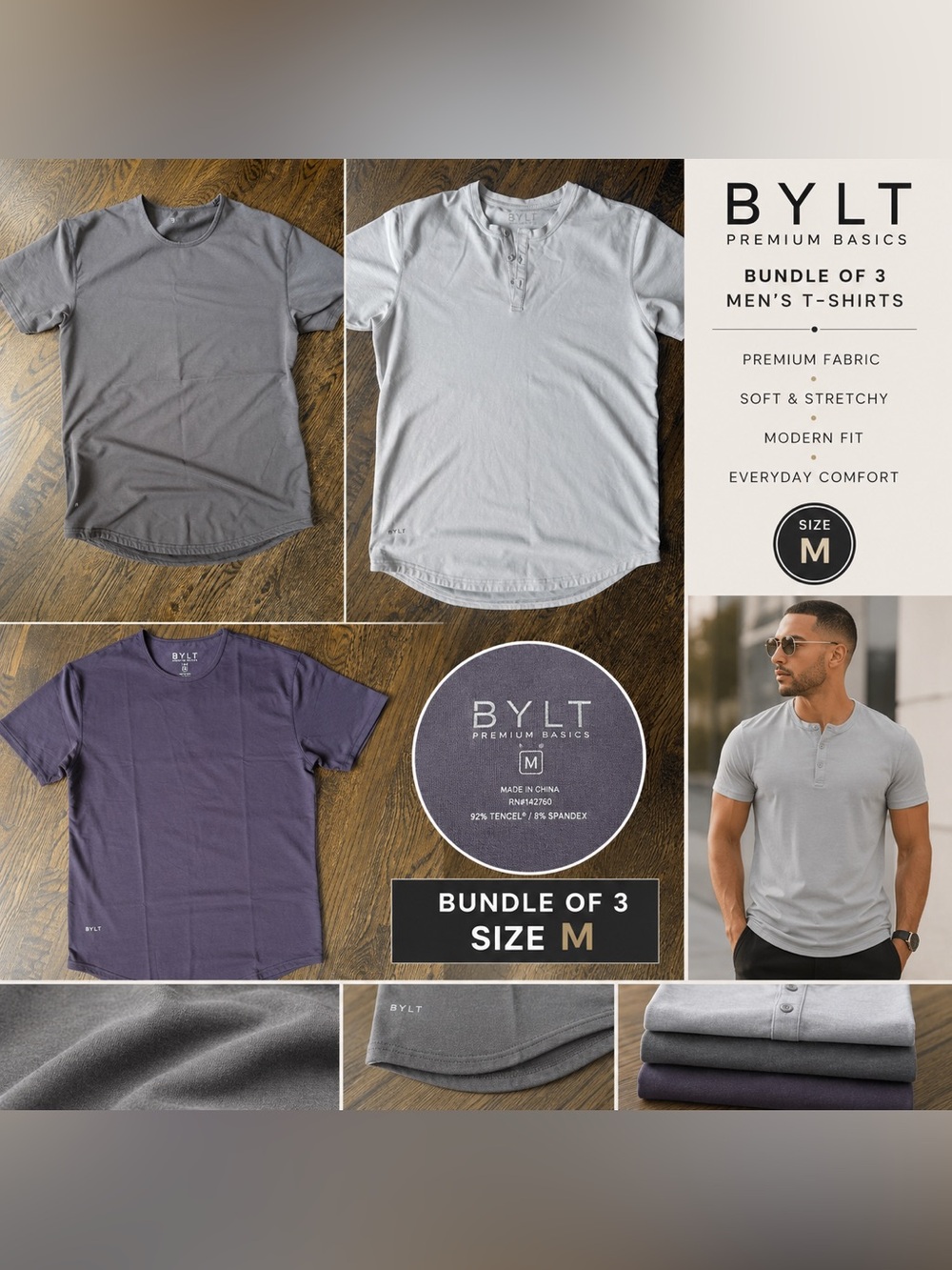BYLT Basics Men's Short Sleeve T-Shirt Bundle - Gray, Light Gray, Purple